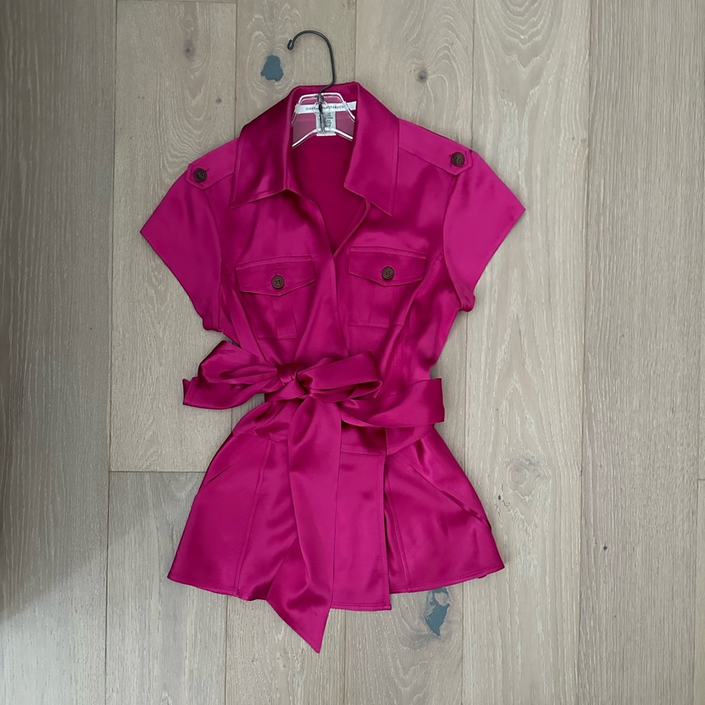 Diane von Furstenberg pink surplice tie waist silk shirt